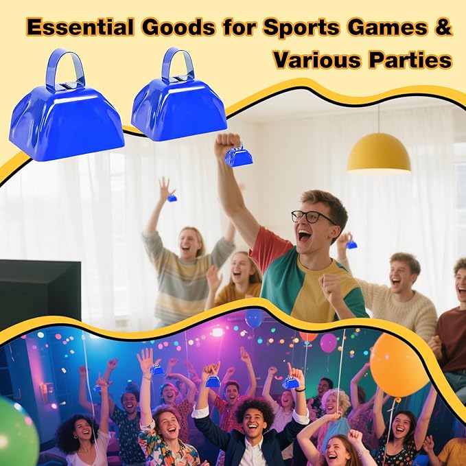 6PCS Metal Cow Bells Noisemakers, 3 Inch Loud Cow Bell Noise Makers for Sporting Events Party Favors with Handles, Great for Football Competitions, Sports Games, Celebration Parties (Blue)