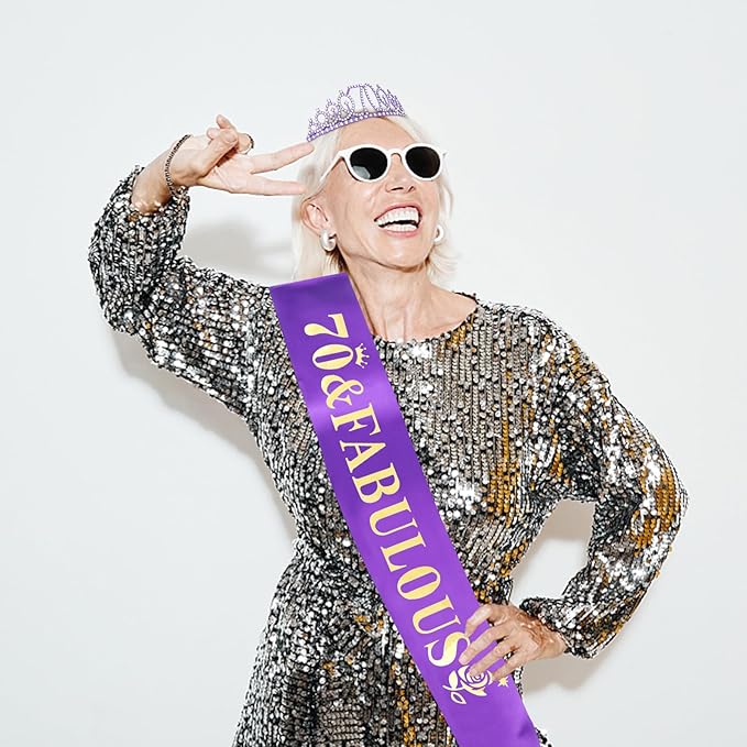 Casoty Purple 70th Birthday Sash and Tiara, 70th Birthday Decorations for Women, 70 & Fabulous Sash and Crown Set, Birthday Party Supplies for Women, Gifts for Her