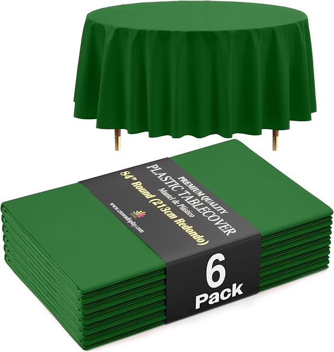 Exquisite 66% Thicker Premium Dark Green Round Tablecloth 0.5 Mil 6 Pack Plastic Table Cloth Disposable 84 Inch Round Plastic Tablecloth Won't Tear Easily Like Cheap Thin Brands