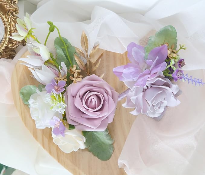 2Pcs Wedding Corsage and Boutonniere Set Purple Rose Corsage Wristlet and Boutonniere for Men Women Groom Bride Bridesmaid Groomsmen Wedding Party Accessory Prom Decoration (Purple)
