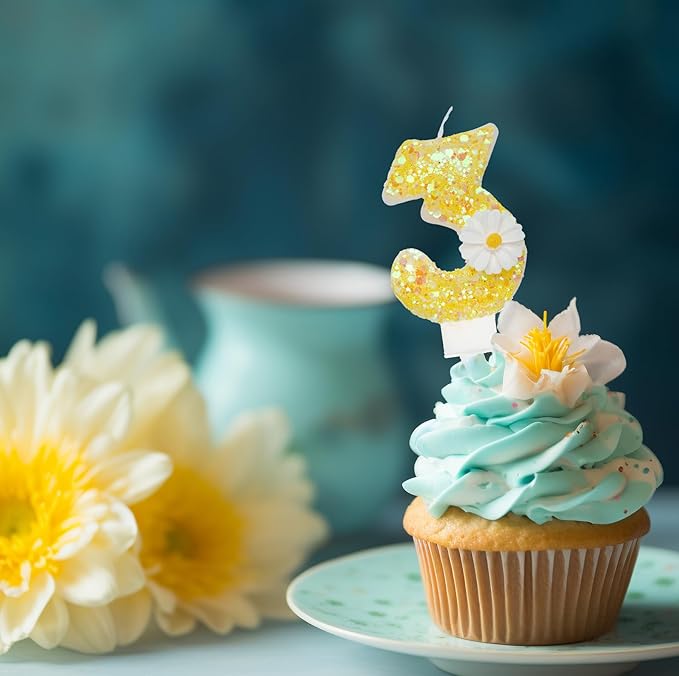 Birthday Candle 7, Yellow Flower Number 7 Candle for Cake Theme Party Supplies