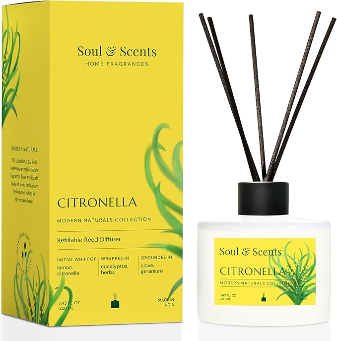Soul & Scents Reed Diffuser Set – Citronella | 7.43 oz Refillable Scented Oil with 6 Fiber Sticks | Long-Lasting Home Fragrance & Air Freshener for Bedroom, Bathroom, Office | Gift & Décor Piece