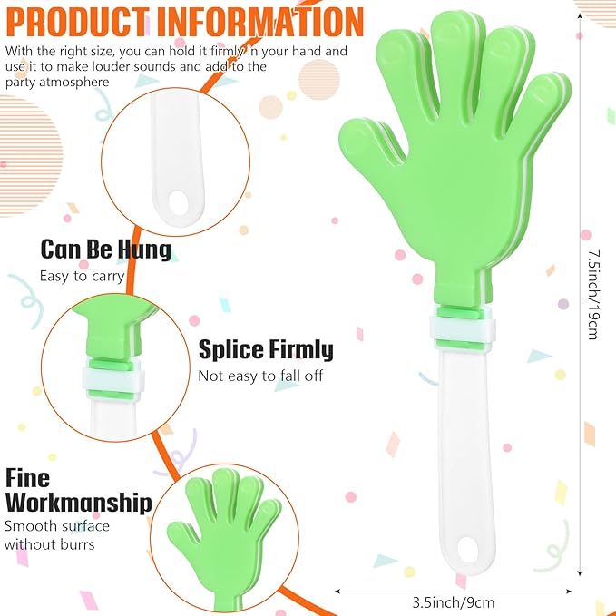 24 Pcs Hand Clappers 7.5 Inch Plastic Clappers Noisemakers Party Favors Clapping Noise Maker Birthdays Game Prizes Classroom Rewards Football Sporting Events Cheers Supplies (Green,White)