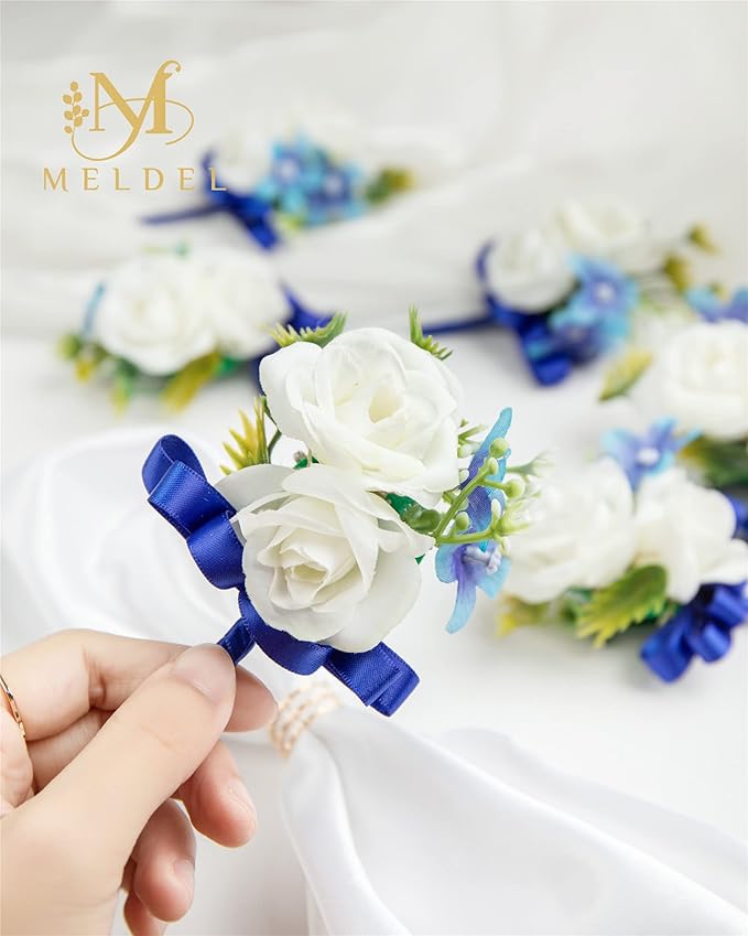 Meldel Blue Boutonniere for Men Wedding, Set of 6, Groom and Best Man Groomsmen Boutonniere Corsage for Prom Wedding Ceremony Anniversary, Homecoming, Formal Party and Rustic Fall Wedding Marriage