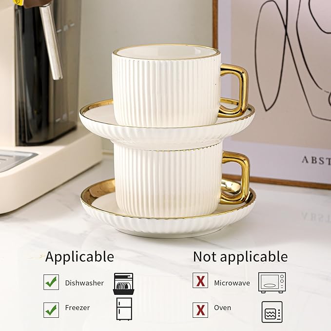LETAOTAO Cappuccino Cups with Saucers, 8oz Ceramic Coffee Cups with Saucers Set, Latte Art Coffee Mugs with Gold Trim, Tea Cups Set of 4, British/Italian Coffee cups for Cafe Mocha, Double Espresso