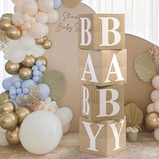 Baby Boxes with Letters for Baby Shower Decorations, Gender Reveal Decorations with 4 Burlap Balloon Boxes