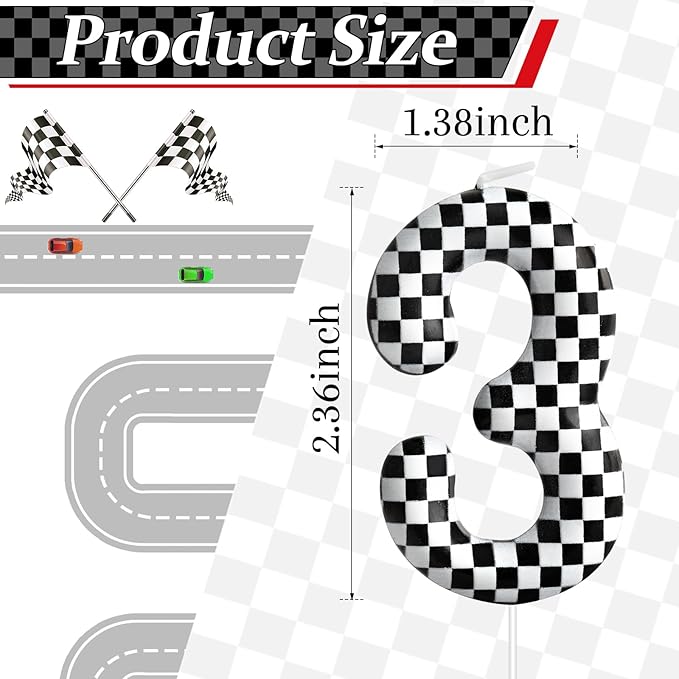 Racing Cars Themed Birthday Candle Number 3 Checkered Candle Birthday Party Decoration Cake Topper for Racing Car Party Decoration Theme Party Supplies (Number 3)
