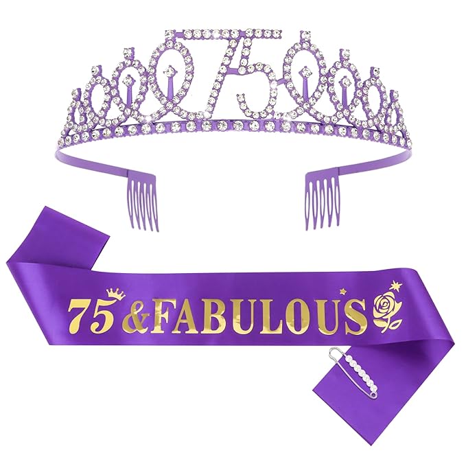 Casoty Purple 75th Birthday Sash and Tiara, 75th Birthday Decorations for Women, 75 and Fabulous Sash and Crown Set, Party Supplies Favors for Women, Gifts for Her