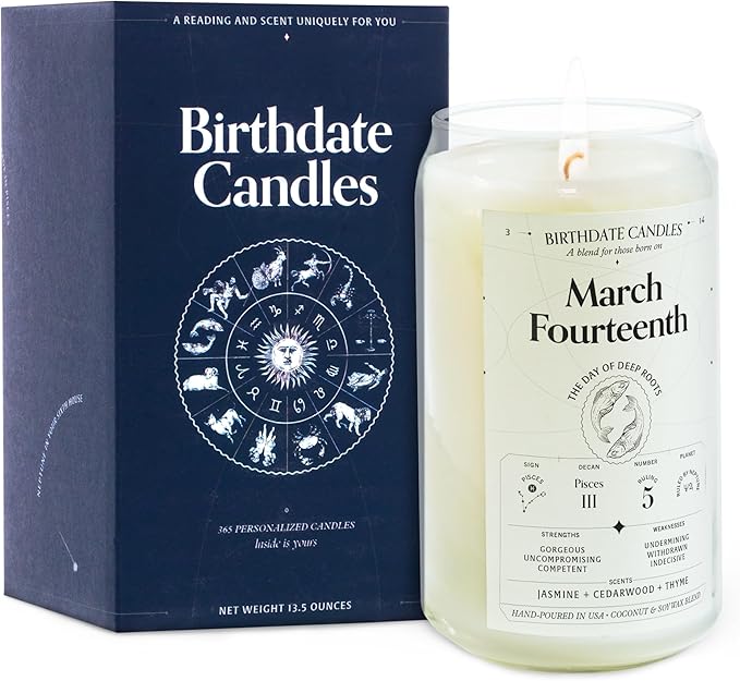 Birthdate Candles, March 14 - Pisces Zodiac Scented Candles Birthday Gift - Jasmine, Cedarwood & Thyme Scent - All-Natural Soy & Coconut Wax, 60-80 Hour Burn Time - Made in USA