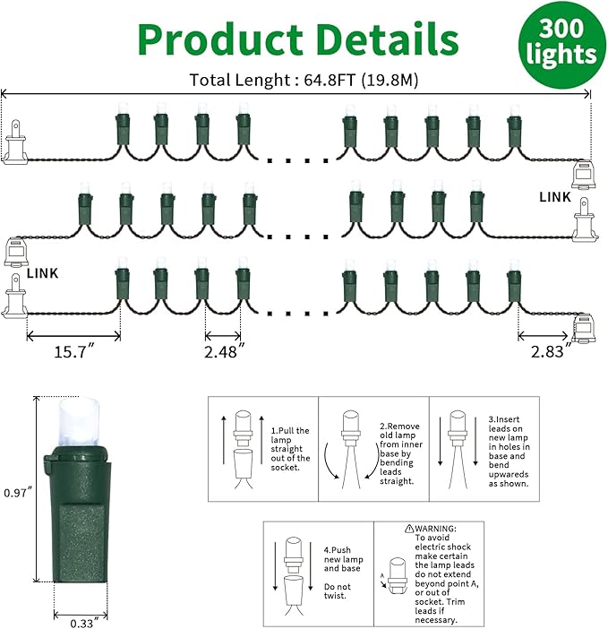 LAMPHOME White Wide Angle LED Christmas Lights, 64.8 Ft 300 Count, Pack of 3 Strands 21.9 Ft 100 Lights UL Certified Commercial Grade Green Wire 5mm Holiday String Light