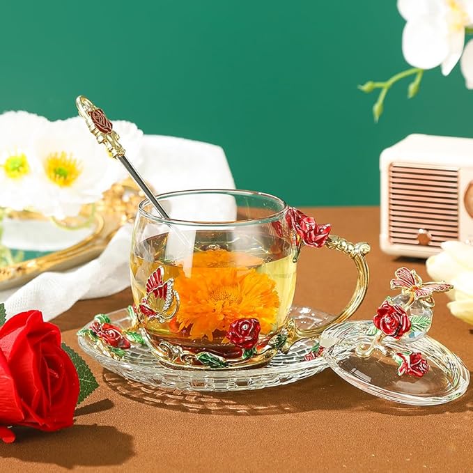 Fancy Glass Tea Cup with Lid Saucer Spoon Flower Coffee Mug Unique Birthday Gift for Friend Female Mother-in-Low Daughter House Warming Gift(Tall Red)