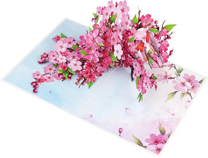 Robins Couple w Cherry Blossom Pop Up Anniversary Cards, 6x8in Wedding Anniversary Card, Valentines Day Card, 3D Gift Card for Her, Him, Husband, Wife (Cherry Blossom Robins Couple)