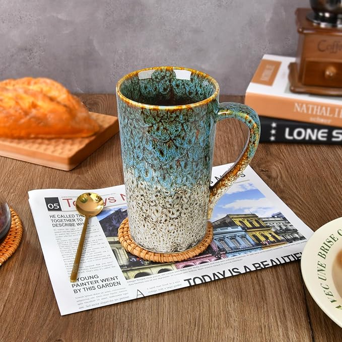 20oz Porcelain Coffee Mugs Set of 2, Large Tall Coffee Mugs with Handles, Modern Ceramic Coffee Cups for Tea, Cocoa, Milk, Gifts for Women Men - White & Blue