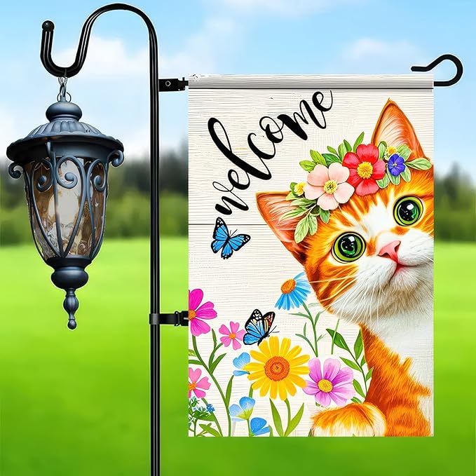 BlissYard Spring Welcome Garden Flag 12x18 Inch Double Sided Cat Flowers Small Flags For Outside Outdoor Decor Farmhouse Holiday Spring Summer Seasonal Decorations Yard Flags