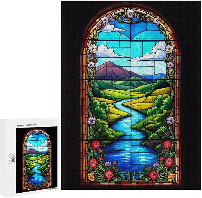 Wooden Jigsaw Puzzles - Stained Glass Window & View - 500 Piece Jigsaw Puzzle for Adults Teenagers and Kids Educational Family Game，Home Decor，Suitable for Puzzle Enthusiasts and Collectors