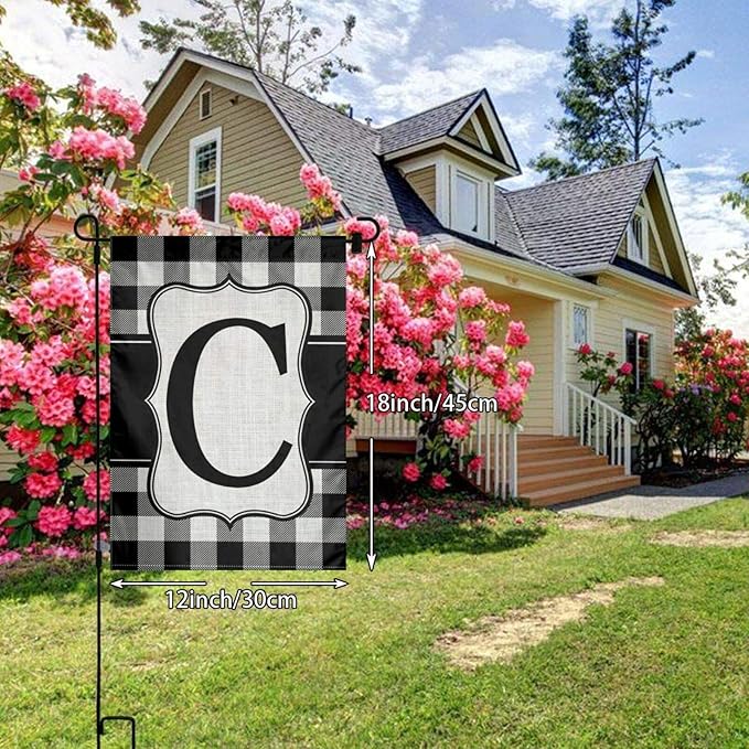 YANGHOME Monogram Initial C Burlap Garden Porch Lawn Flag Farmhouse Decorations Mailbox Decor Welcome Sign 12x18 Inch Small Mini Size Double Sided Flax Nylon Linen Fabric