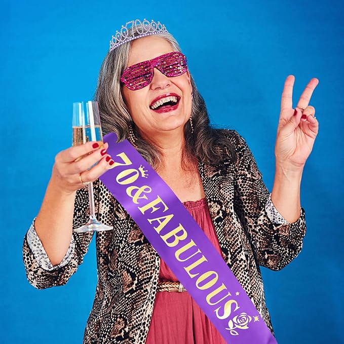 Casoty Purple 70th Birthday Sash and Tiara, 70th Birthday Decorations for Women, 70 & Fabulous Sash and Crown Set, Birthday Party Supplies for Women, Gifts for Her