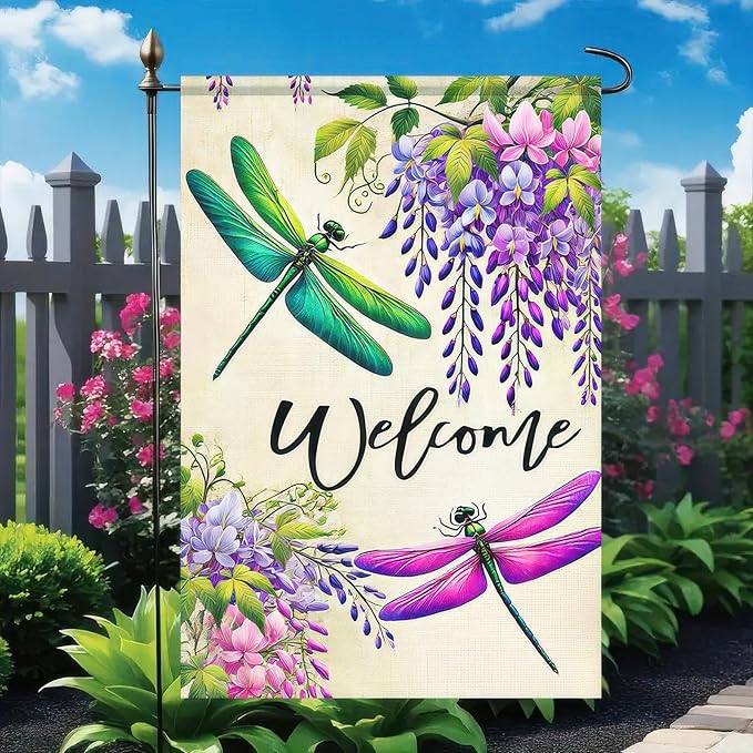 BlissYard Welcome Dragonfly Garden Flag 12x18 Inch Double Sided Summer Spring Flower Garden Flag Small Yard Flags Farmhouse Wedding Yard Flying Dragonfly Grass Decorative Garden Flags Banner