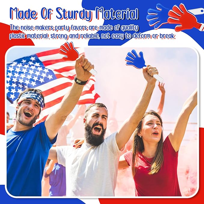 Honoson 80 Pcs Hand Clapper Bulk Noise Makers Party Favors 7.5 Inch Plastic Clapping Hands Noisemakers Blue White Red Game Accessories Noise Makers Sporting Events Game Birthday Supplies