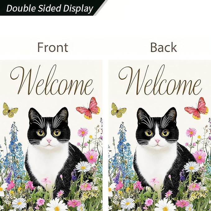 BlissYard Spring Welcome Black White Cat Garden Flag 12×18 Inch Double Sided Small Black Cat Flower Floral Garden Yard Flags for Spring Summer Outside Outdoor House Seasonal Decoration Flag