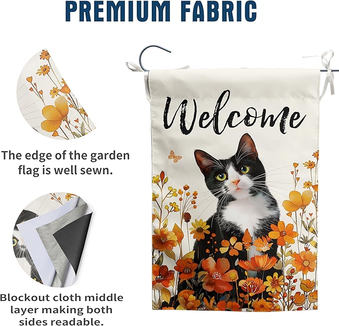 Floral Cat Garden Flag - Fall Yard Wildflower Tuxedo Cat Flag - Orange Autumn Lawn Welcome Thanksgiving Outdoor Flag for Outside - 12x18 Double Sided Small