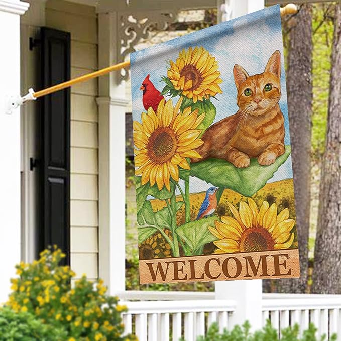 Furiaz Cat Cardinal Sunflower Welcome Spring Summer Decorative Large House Flag, Kitty Garden Yard Red Bird Outside Decoration, Fall Autumn Farmhouse Outdoor Burlap Decor Double Sided 28 x 40
