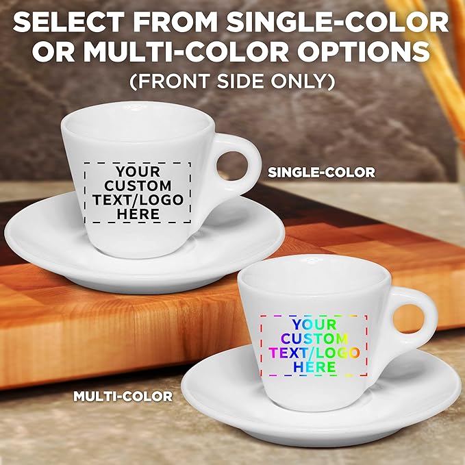 Custom Espresso Cups with Saucer 2.75 oz. Set of 100, Personalized Bulk Pack - Perfect for Espresso, Tea, Other Beverages - White