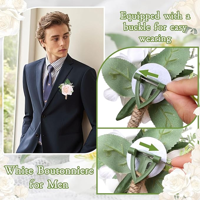 20 Pcs Rose Corsage and Boutonniere Set, Boutonniere for Men and Wristlet Band,Prom Flower Wrist Corsage Bracelet for Wedding Ceremony Accessories Prom Suit Decorations (Champagne)