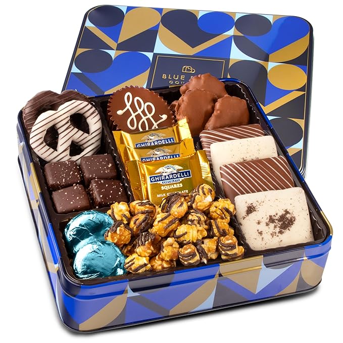 Blue Bow Gourmet Artisanal Chocolate Assortment Gift Tin for Birthday, Thank You, Business Gifts, Holiday