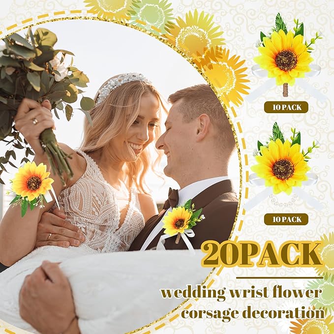 Zeyune 20 Pcs Sunflower Wrist Corsage and Boutonniere Set Including 10 Artificial Sunflower Boutonniere 10 Sunflower Corsage Wrist Flower for Prom Wedding Men Women Bride Groom Bridesmaid Formal Party
