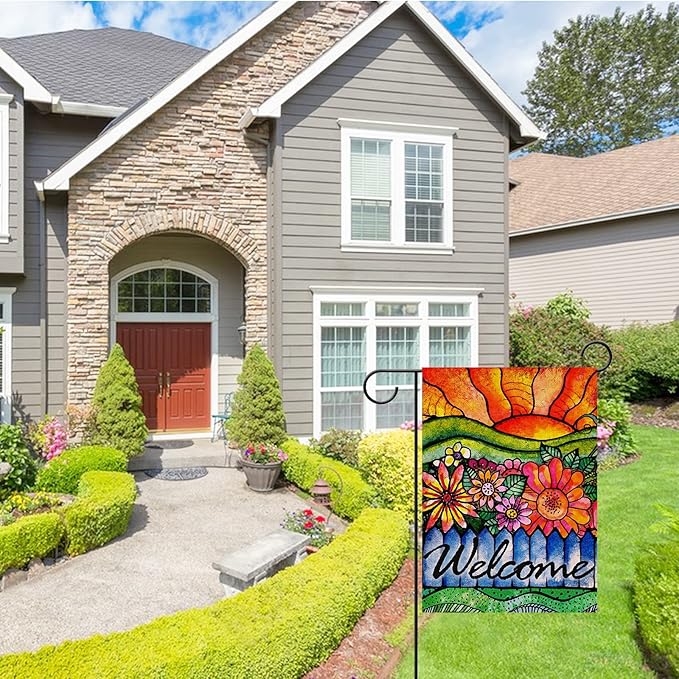 Covido Home Decorative Welcome Spring Watercolor Flowers Garden Flag, Summer Sunshine House Yard Abstract Floral Outside Decorations, Sunrise Farmhouse Seasonal Outdoor Small Decor Double Sided 12x18