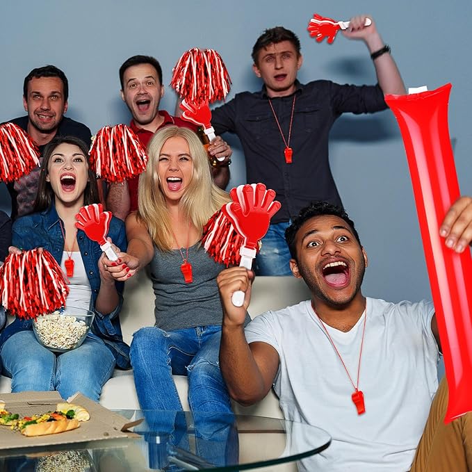 Yunsailing 96 Pcs Homecoming Noisemakers Team Spirit Accessories for Game Day Include Hand Clappers Cheerleading Pom Pom Thunder Stick Cheer Party Blower Plastic Whistle for Sport Fans(Red White)