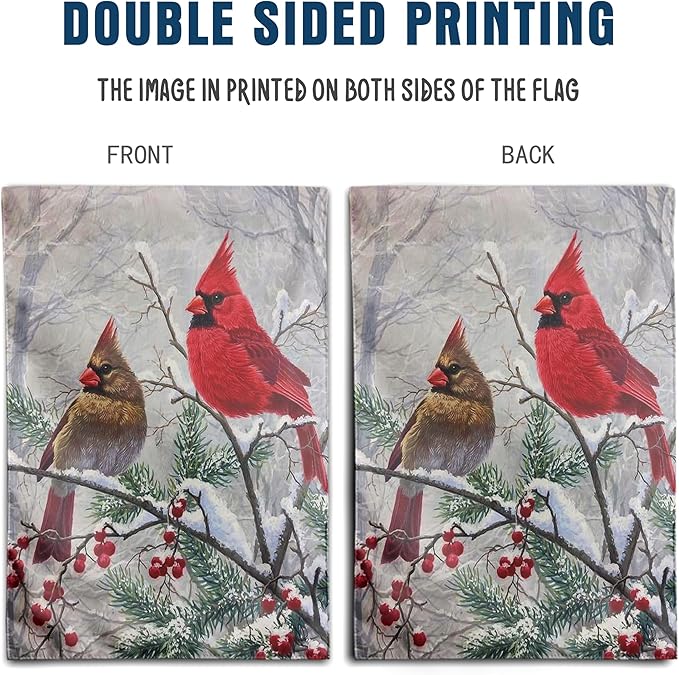 Winter Cardinal Bird Garden Flags Christmas Banners for Outside 12x18 Double Sided Red Birds on Tree Branch Flag Welcome New Year Yard Flag Farmhouse Outdoor Decor