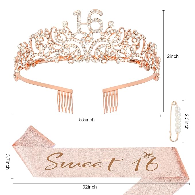 Semato Sweet 16 Party Decorations Set - Rose Gold 16th Birthday Crown and Sweet 16 Sash Glitter Kit for Girls Birthday Happy Birthday Girl Tiara Birthday Party Supplies and Favors
