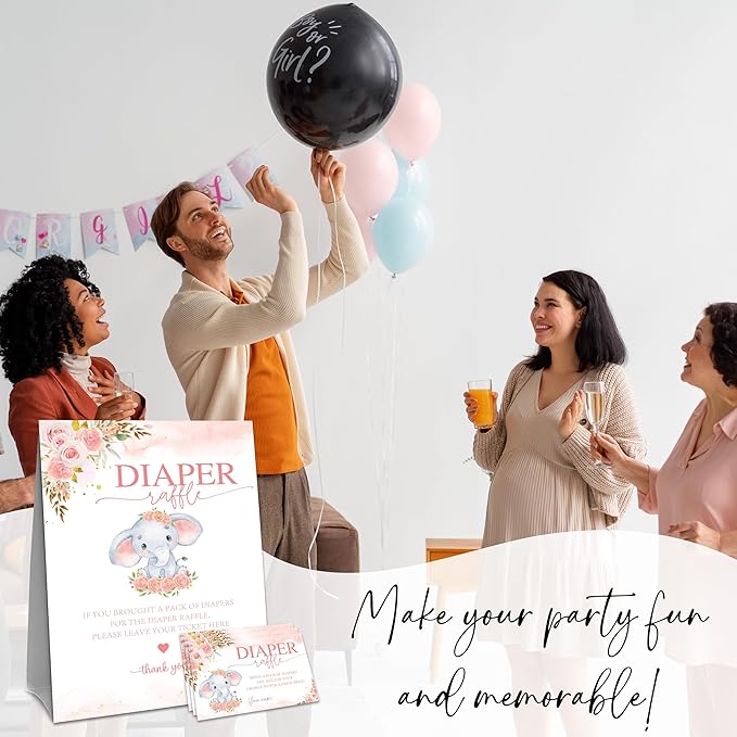 Floral Baby Shower Diaper Raffle Game Set - Pink Elephant 1 Standing Sign & 50 Diaper Raffel Tickets - Baby Announcement, Gender Reveal Party Activities & Decorations For Girls - A09