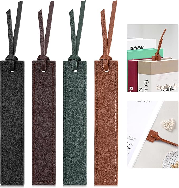 4 Pcs Leather Bookmark, Classic Stitched Bookmark with Leather Rope, Bookmarks for Men, Handmade Stitched Book Marks Page Markers for Book Reader Teachers Students School Office