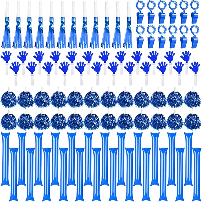 Yunsailing 96 Pcs Homecoming Noisemakers Team Spirit Accessories for Game Day Include Hand Clappers Cheerleading Pom Pom Thunder Stick Cheer Party Blower Plastic Whistle for Sport Fans(Blue)