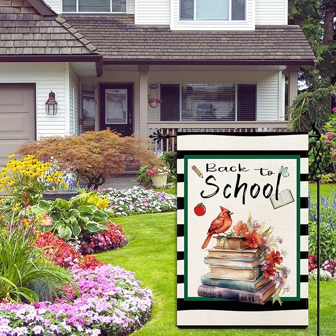 Jauageon Back to School Garden Flag Cardinal Books Garden Flag First Day of School Vertical Double Sided Rustic Farmland Burlap Yard Lawn Outdoor Decor 12.5x18"