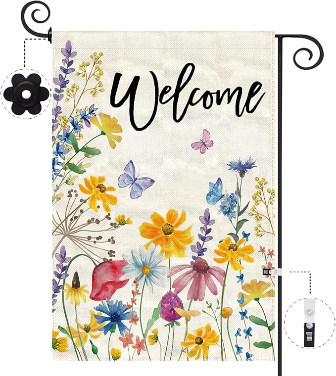 Baccessor Spring Summer Welcome Garden Flag Floral Leaves Double Sided Yard Flag Heavy Duty Seasonal Flowers Butterfly Outdoor Outside Patio Decoration 12.5x18 Inch