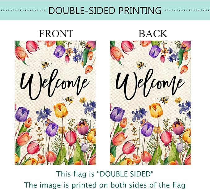 Baccessor Spring Summer Easter Tulip Welcome Garden Flag Double Sided Bee Colorful Floral Small Burlap Yard House Seasonal Farmhouse Outside Outdoor Decoration 12.5 x 18 Inch