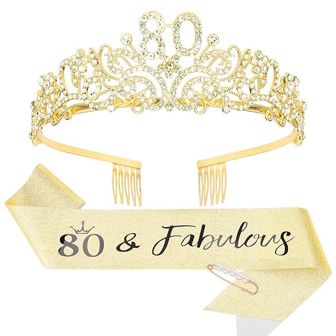 CIEHER 80th Birthday Decorations for Women - 80th Birthday Crown + 80 & Fabulous Birthday Sash + Pearl Pin Set, Gold 80th Birthday Tiara, 80th Birthday Gifts Women