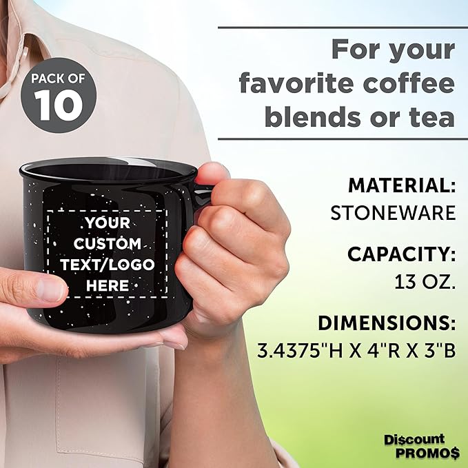 DISCOUNT PROMOS Custom Ceramic Campfire Coffee Mugs 13 oz. Set of 10, Personalized Bulk Pack - Perfect for Tea, Espresso, Cappuccino, Hot Cocoa - Black