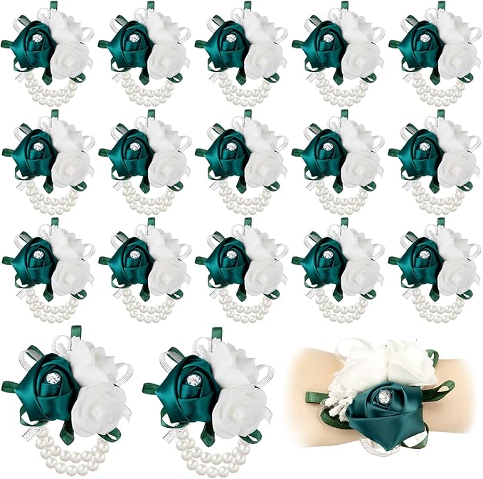 Zeyune 18 Pcs Wrist Corsages for Prom Wedding Artificial Rose Wristlet Corsage Hand Flower for Mother of Bride and Groom, Bridal, Bridesmaid Wedding Supplies (Dark Green)
