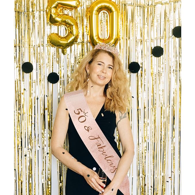 Semato Rose Gold 50th Birthday Tiara & Sash Set for Women - Rhinestone Crown & Glitter Sash - Party Supplies & Favors