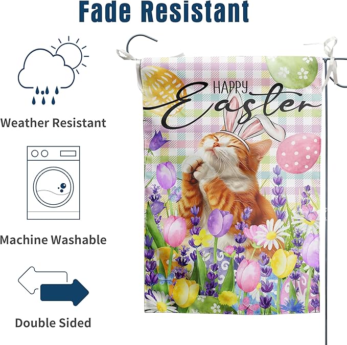 Happy Easter Cat Garden Flag Orange Cat Spring Flags Buffalo Plaid Bunny Eggs Yard Flag for Outside 12x18 Double Sided Small Decorative Floral Outdoor Flag