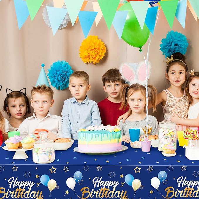 Tegeme Navy Blue Party Supplies Stars Happy Birthday Tablecloths Starry Confetti Table Covers for Kids Boys Girls Baby Shower Birthday Party Decorations (Navy Blue and Gold,1 Pack)