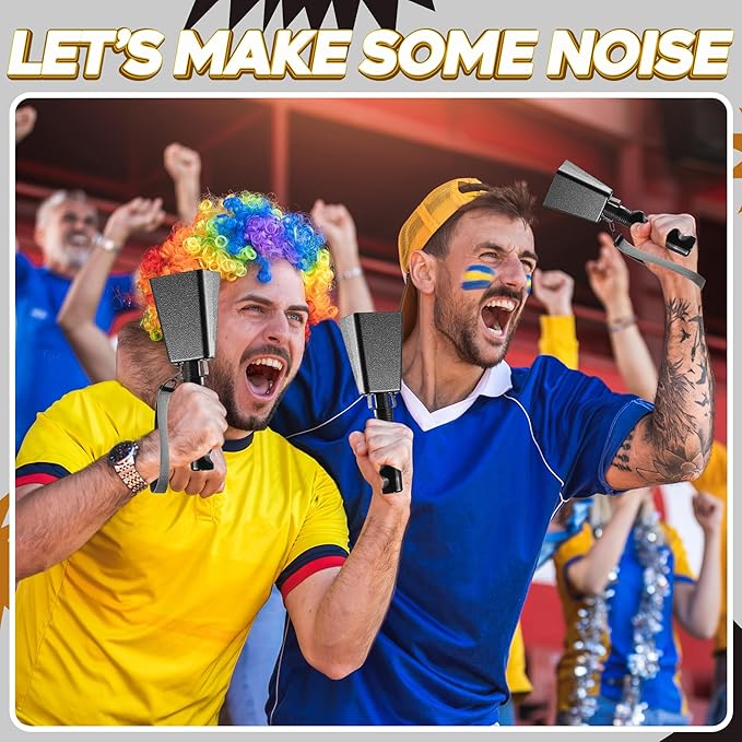 9" Metal Cowbells with Handle - (2 Pack) Cow Bells Loud Cheering Noise Makers for Sporting Events, Football Games, School Spirit, Rallies & Celebrations - Black Steel Percussion Music Instrument