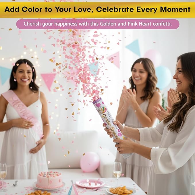 2 Pack Pink Heart-Shaped Confetti Poppers for Baby Gender Reveal | Pink Paper and gold mylar Baby Girl Party Supplies