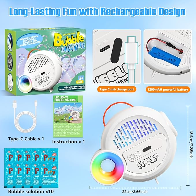 Bubble Machine for Kids Toddlers,Automatic Bubble Maker with RGB Light,Rechargeable Type-C Charge Bubble Blower,Bubble Toy for 3 4 5 6 7 Year Old Boy Girl,Outdoor Party Wedding Birthday Gifts