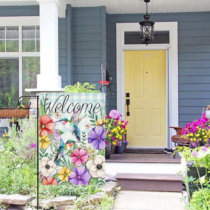 Hzppyz Welcome Spring Garden Flag Hummingbird, Decorative House Yard Lawn Outdoor Small Burlap Bird Flag Flower Decor, Blue Plaid Summer Farmhouse Seasonal Outside Decorations Double Sided 12 x 18